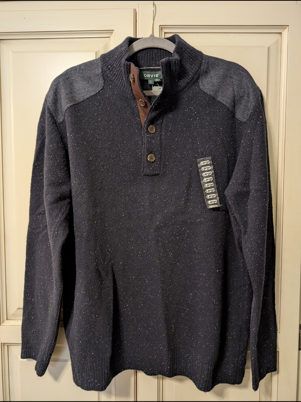 Orvis Men's Navy Flecked Tweed Buttonmock Wool Sweater NWT